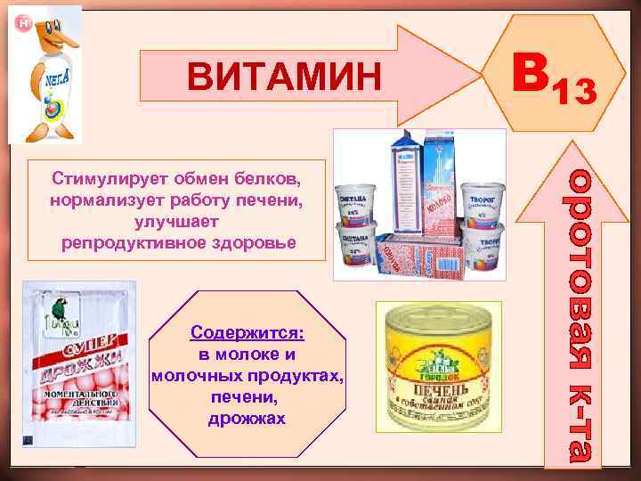 ВИТАМИН Стимулирует обмен белков, нормализует работу печени, улучшает репродуктивное здоровье Содержится: в молоке и