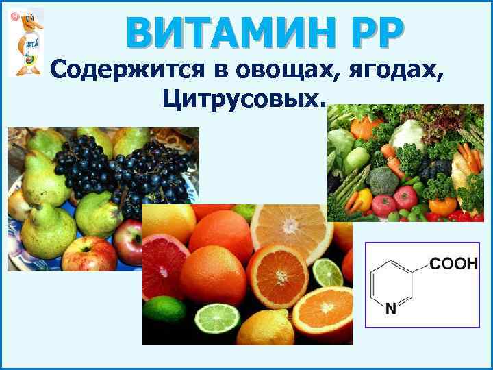 ВИТАМИН РР Содержится в овощах, ягодах, Цитрусовых. 