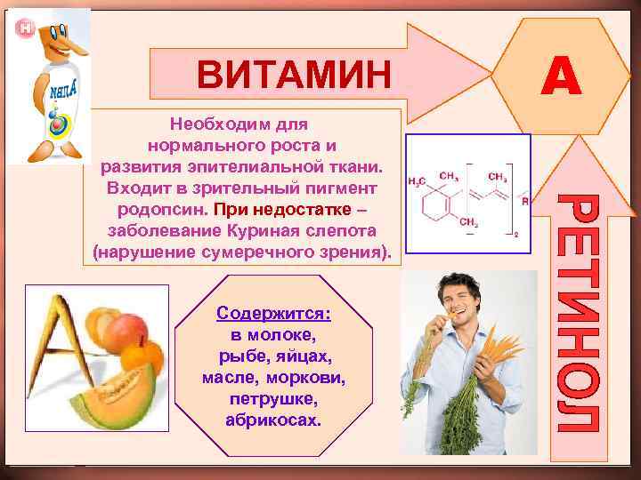 ВИТАМИН Необходим для нормального роста и развития эпителиальной ткани. Входит в зрительный пигмент родопсин.