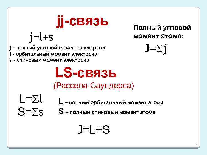 L момент. L-S связь. Полный угловой момент атома. JJ связь. Полный угловой момент электрона.