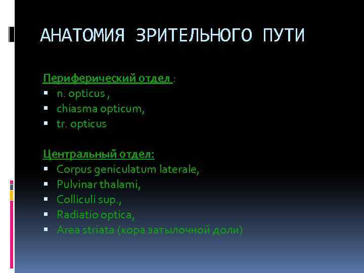 АНАТОМИЯ ЗРИТЕЛЬНОГО ПУТИ Периферический отдел : n. opticus , chiasma opticum, tr. opticus Центральный