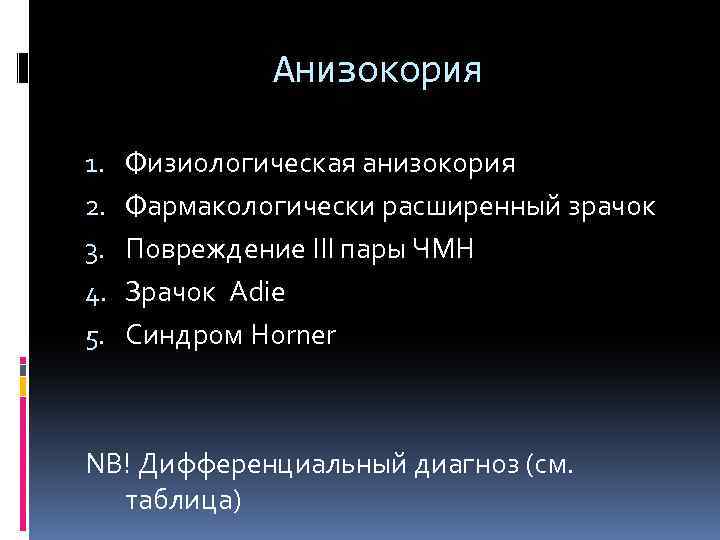 Анизокория 1. 2. 3. 4. 5. Физиологическая анизокория Фармакологически расширенный зрачок Повреждение III пары
