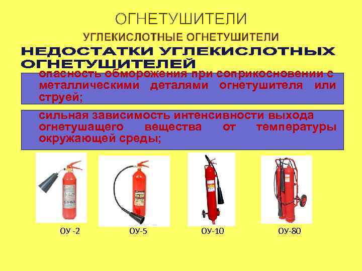  опасность обморожения при соприкосновении с ü. металлическими деталями огнетушителя или струей; сильная зависимость