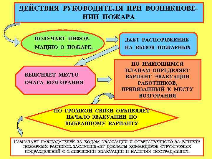 ДЕЙСТВИЯ РУКОВОДИТЕЛЯ ПРИ ВОЗНИКНОВЕНИИ ПОЖАРА ПОЛУЧАЕТ ИНФОРМАЦИЮ О ПОЖАРЕ. ВЫЯСНЯЕТ МЕСТО ОЧАГА ВОЗГОРАНИЯ ДАЕТ