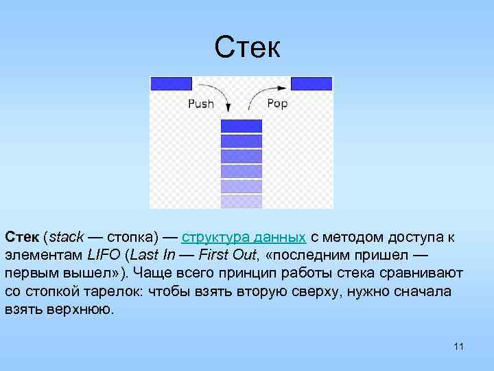 Стек (stack — стопка) — структура данных с методом доступа к элементам LIFO (Last