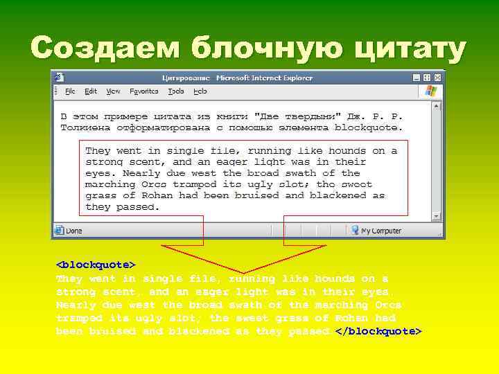 Создаем блочную цитату <blockquote> They went in single file, running like hounds on a