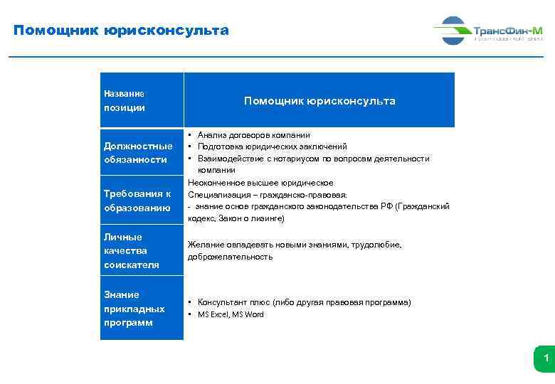 Помощник юрисконсульта Название позиции Должностные обязанности Требования к образованию Помощник юрисконсульта • Анализ договоров