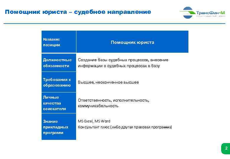 Помощник юриста – судебное направление Название позиции Помощник юриста Должностные обязанности Создание базы судебных