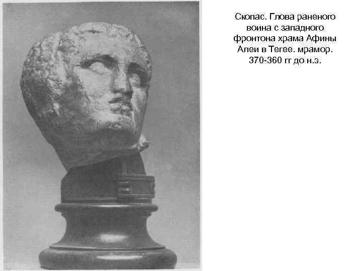 Скопас. Глова раненого воина с западного фронтона храма Афины Алеи в Тегее. мрамор. 370