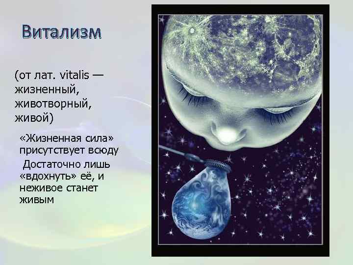 Витализм (от лат. vitalis — жизненный, животворный, живой) «Жизненная сила» присутствует всюду Достаточно лишь