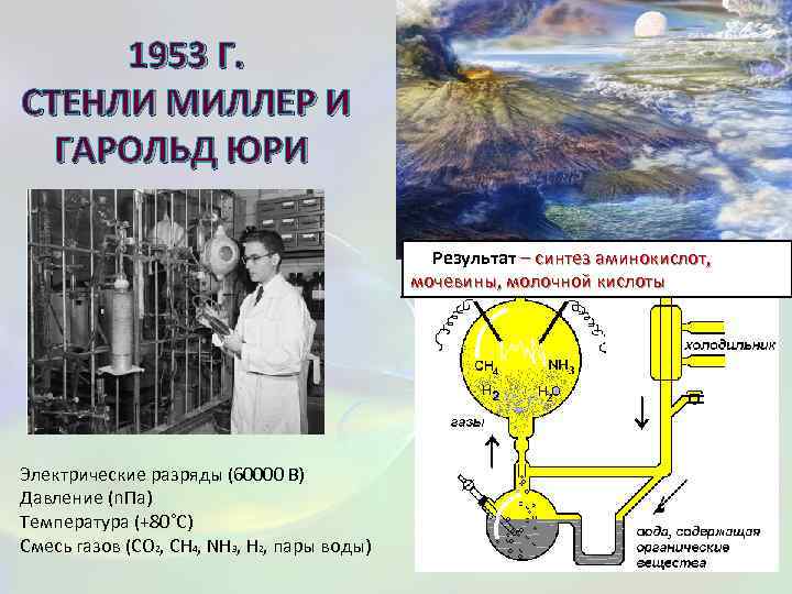  1953 Г. СТЕНЛИ МИЛЛЕР И ГАРОЛЬД ЮРИ Результат – синтез аминокислот, мочевины, молочной