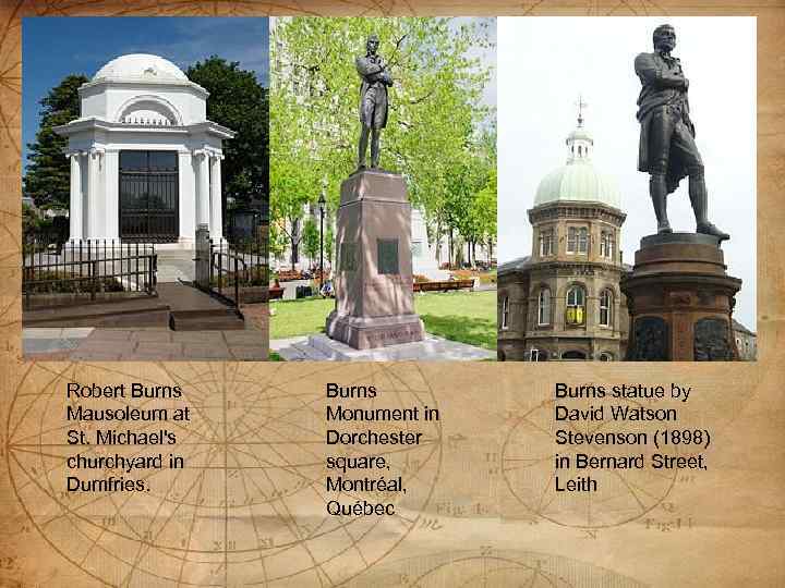 Robert Burns Mausoleum at St. Michael's churchyard in Dumfries. Burns Monument in Dorchester square,