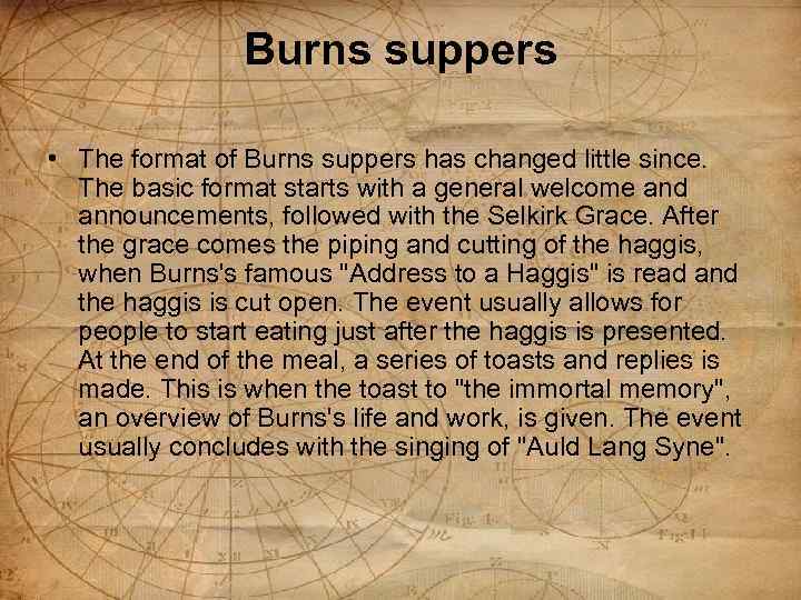 Burns suppers • The format of Burns suppers has changed little since. The basic