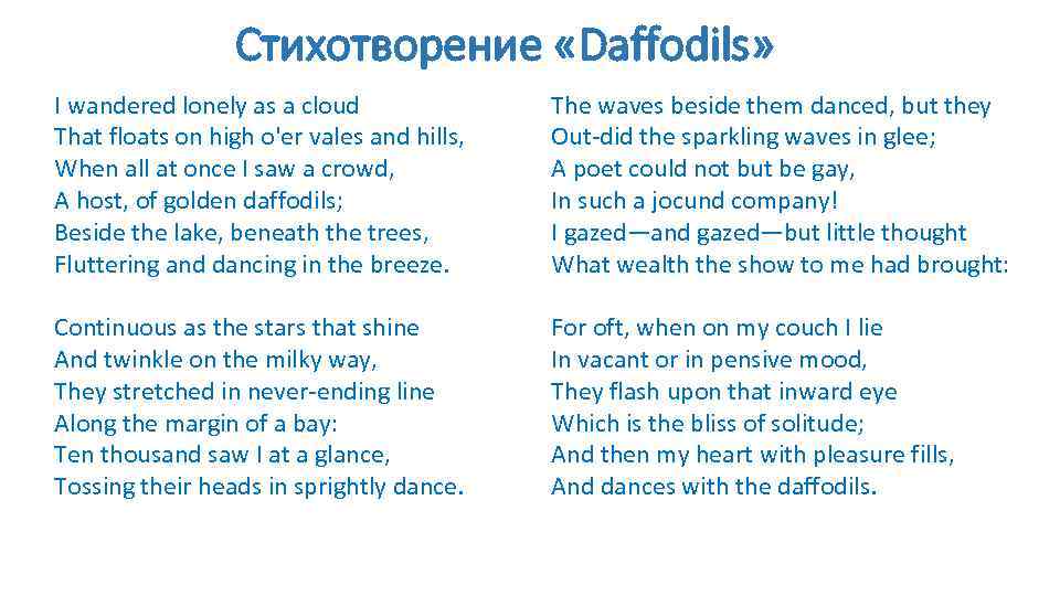 Стихотворение «Daffodils» I wandered lonely as a cloud That floats on high o'er vales