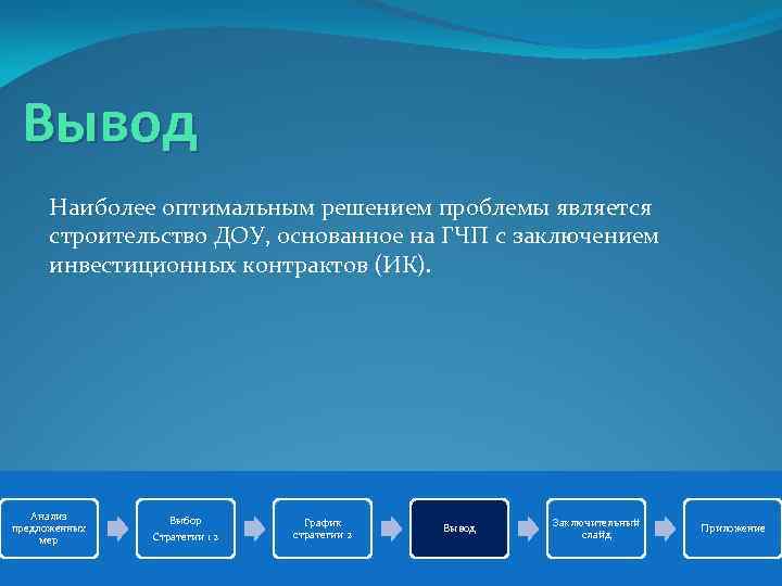 Вывод Наиболее оптимальным решением проблемы является строительство ДОУ, основанное на ГЧП с заключением инвестиционных