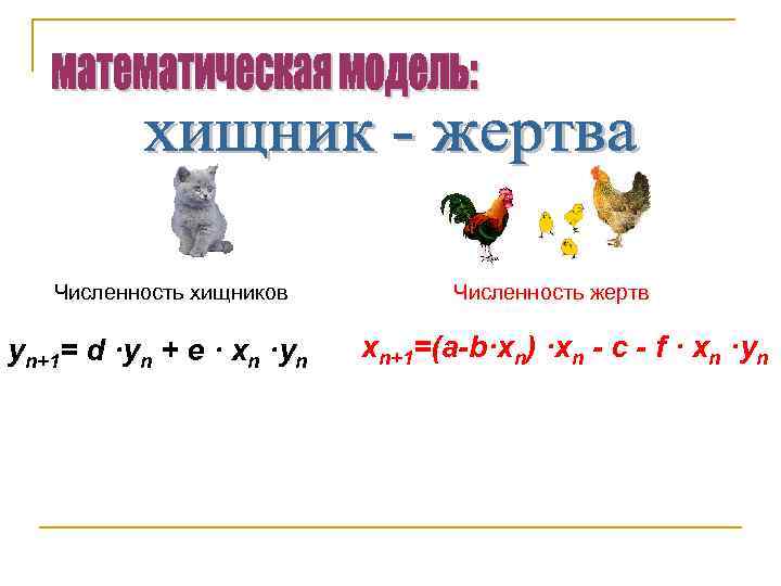 Численность хищников yn+1= d ·yn + e · xn ·yn Численность жертв xn+1=(a-b·xn) ·xn