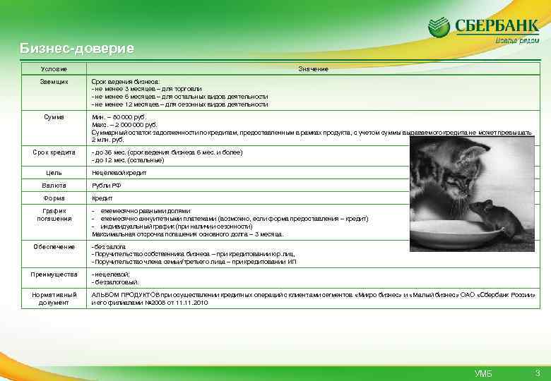 Бизнес-доверие Условие Заемщик Сумма Срок кредита Цель Значение Срок ведения бизнеса: - не менее