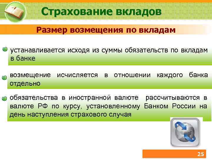 Страхование вкладов Размер возмещения по вкладам устанавливается исходя из суммы обязательств по вкладам в