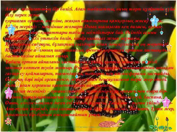 Адам – табиғаттың бір бөлігі. Адам табиғатты, оның төрт құдіретін сүйе білу керек және