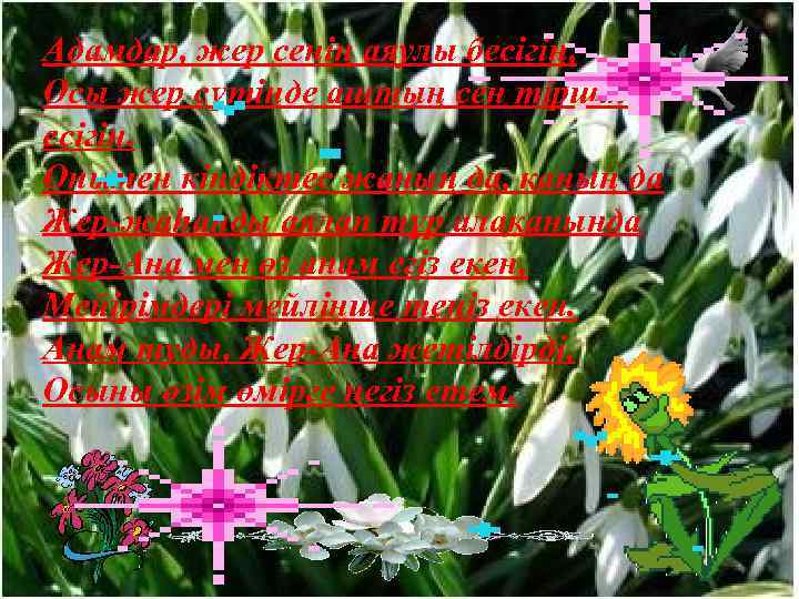Адамдар, жер сенің аяулы бесігің, Осы жер сүтінде аштың сен тіршілік есігін. Онымен кіндіктес
