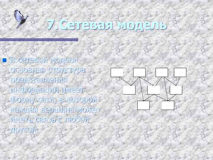 7. Сетевая модель n В сетевой модели основная структура представления информации имеет форму сети,