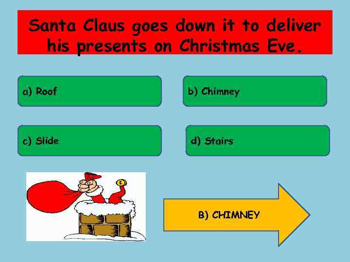 Santa Claus goes down it to deliver his presents on Christmas Eve. a) Roof