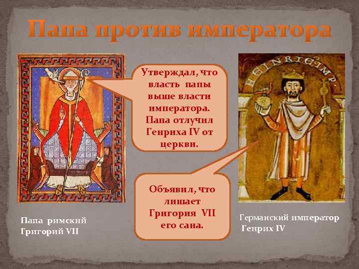 Папа против императора Утверждал, что власть папы выше власти императора. Папа отлучил Генриха IV