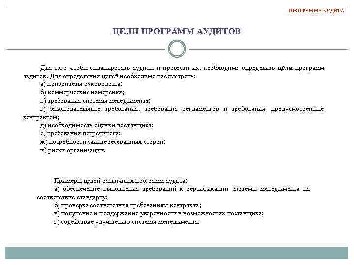 ПРОГРАММА АУДИТА ЦЕЛИ ПРОГРАММ АУДИТОВ Для того чтобы спланировать аудиты и провести их, необходимо