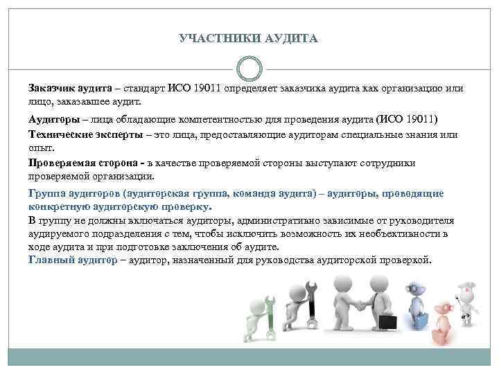 УЧАСТНИКИ АУДИТА Заказчик аудита – стандарт ИСО 19011 определяет заказчика аудита как организацию или