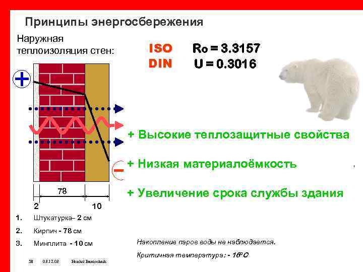 Принципы энергосбережения Наружная теплоизоляция стен: ISO DIN Ro = 3. 3157 U = 0.
