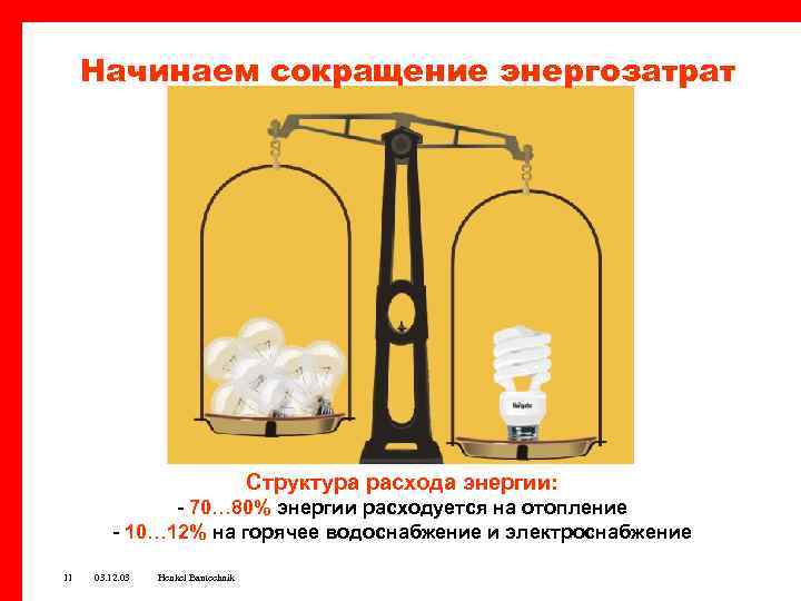 Начинаем сокращение энергозатрат Структура расхода энергии: - 70… 80% энергии расходуется на отопление -