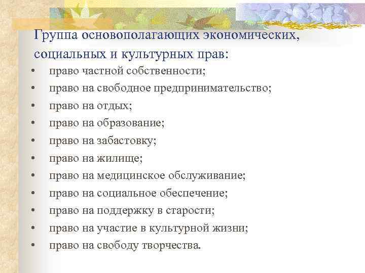 Группа основополагающих экономических, социальных и культурных прав: • • • право частной собственности; право