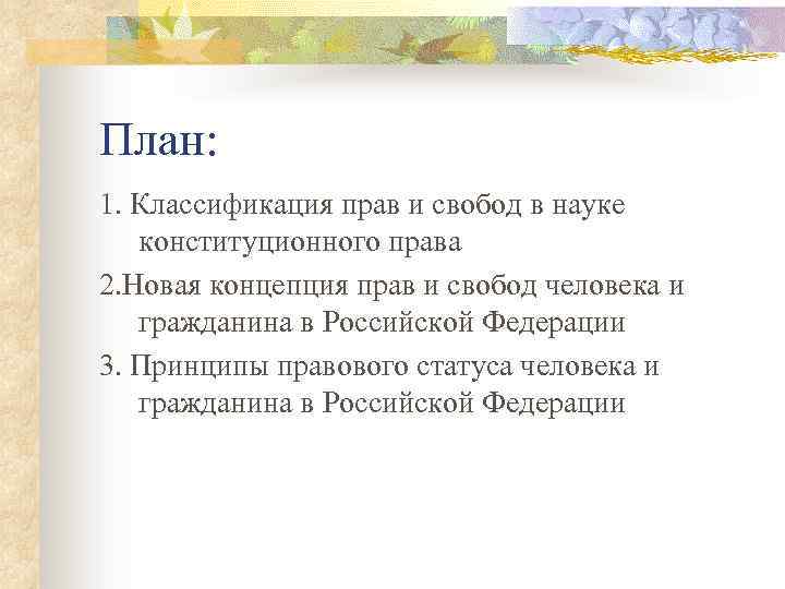 План: 1. Классификация прав и свобод в науке конституционного права 2. Новая концепция прав