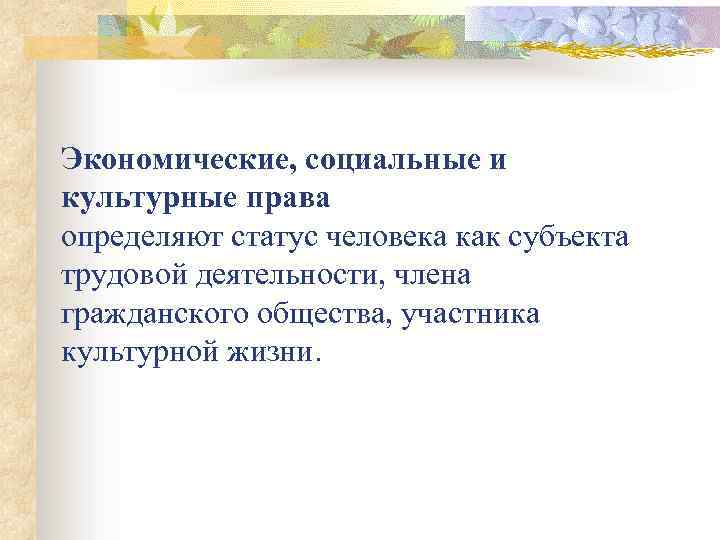 Экономические, социальные и культурные права определяют статус человека как субъекта трудовой деятельности, члена гражданского