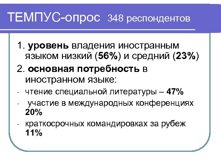ТЕМПУС-опрос 348 респондентов 1. уровень владения иностранным языком низкий (56%) и средний (23%) 2.