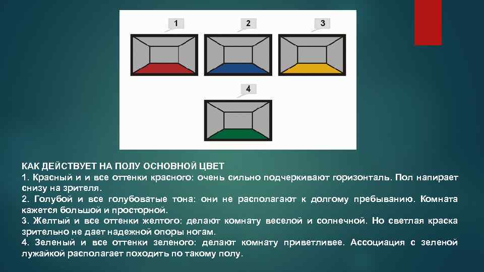 КАК ДЕЙСТВУЕТ НА ПОЛУ ОСНОВНОЙ ЦВЕТ 1. Красный и и все оттенки красного: очень