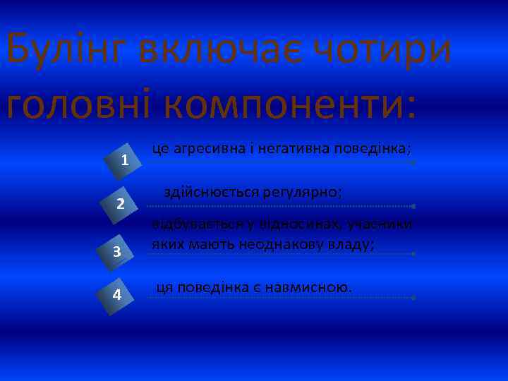 Булінг включає чотири головні компоненти: 1 2 це агресивна і негативна поведінка; здійснюється регулярно;