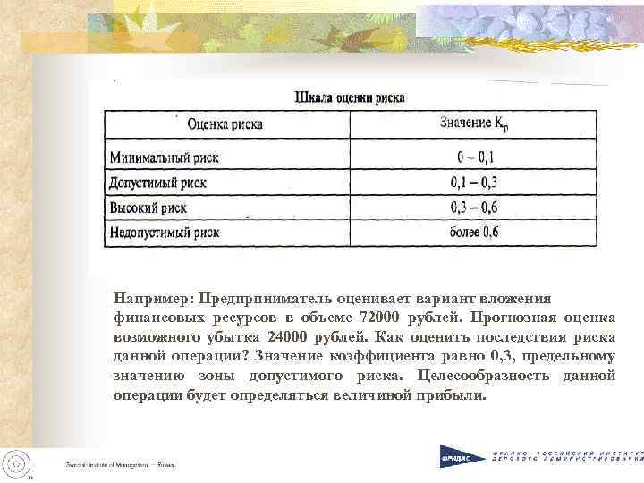 Например: Предприниматель оценивает вариант вложения финансовых ресурсов в объеме 72000 рублей. Прогнозная оценка возможного