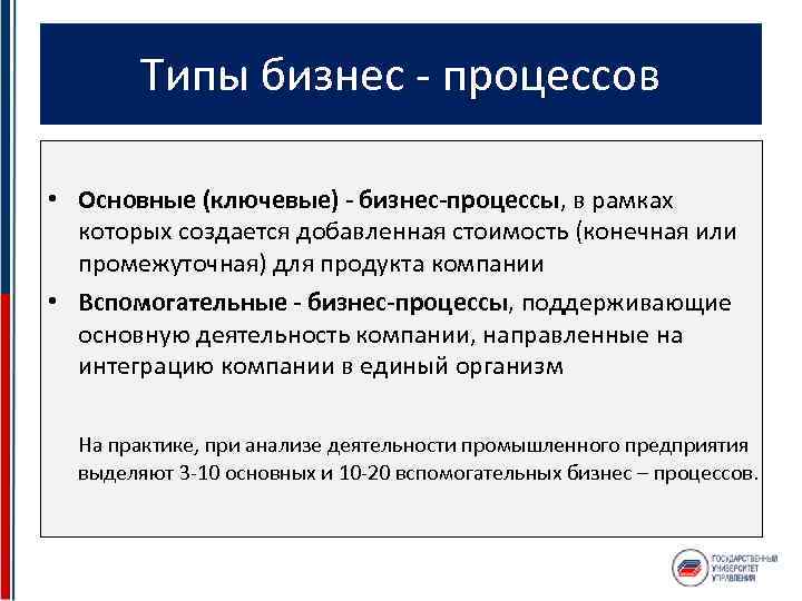 Типы бизнес - процессов • Основные (ключевые) - бизнес-процессы, в рамках которых создается добавленная