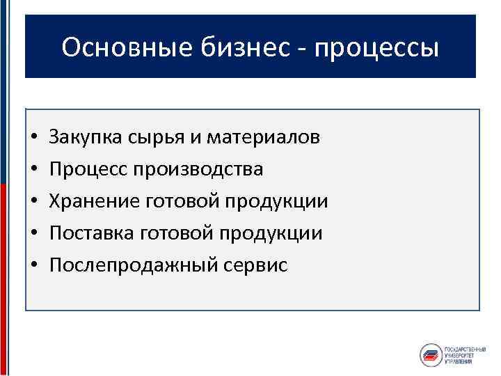 Основные бизнес - процессы • • • Закупка сырья и материалов Процесс производства Хранение