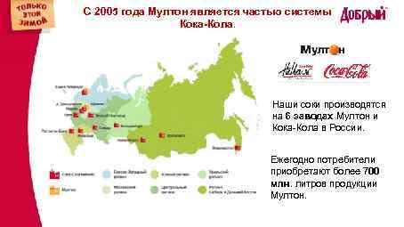 С 2005 года Мултон является частью системы Кока-Кола. Наши соки производятся на 6 заводах