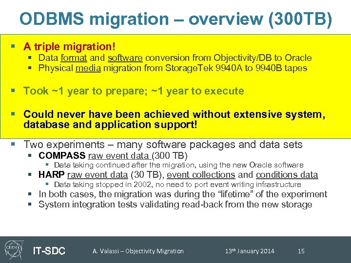 ODBMS migration – overview (300 TB) § A triple migration! § Data format and