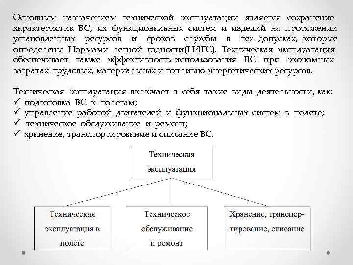 Основным назначением технической эксплуатации является сохранение характеристик ВС, их функциональных систем и изделий на