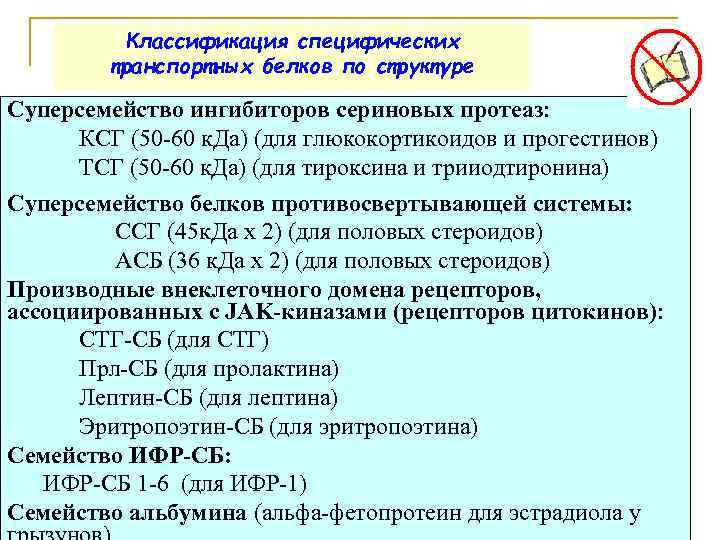 Классификация специфических транспортных белков по структуре Суперсемейство ингибиторов сериновых протеаз: КСГ (50 -60 к.