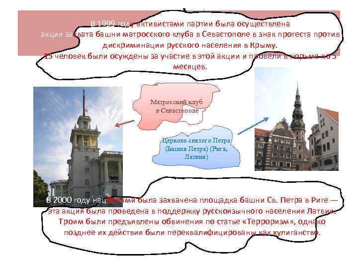 В 1999 году активистами партии была осуществлена акция захвата башни матросского клуба в Севастополе