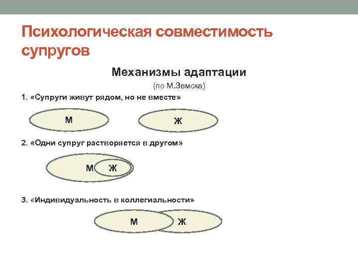 Психологическая совместимость супругов Механизмы адаптации (по М. Земска) 1. «Супруги живут рядом, но не