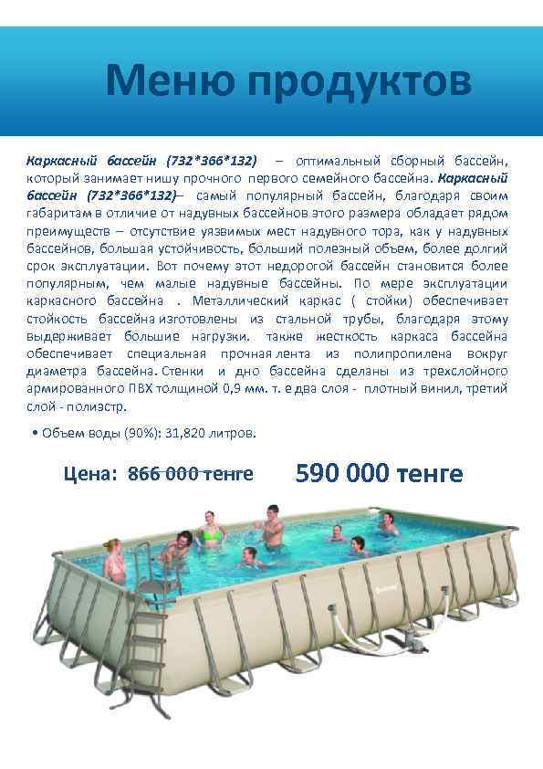  Меню продуктов Каркасный бассейн (732*366*132) – оптимальный сборный бассейн, который занимает нишу прочного
