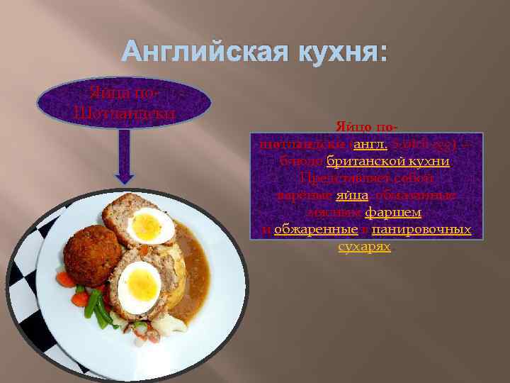 Английская кухня: Яйца по. Шотландски Яйцо пошотландски (англ. Scotch egg) — блюдо британской кухни.