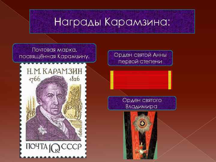 Награды Карамзина: Почтовая марка, посвящённая Карамзину. Орден святой Анны первой степени Орден святого Владимира