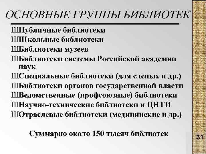 ОСНОВНЫЕ ГРУППЫ БИБЛИОТЕК ШПубличные библиотеки ШШкольные библиотеки ШБиблиотеки музеев ШБиблиотеки системы Российской академии наук